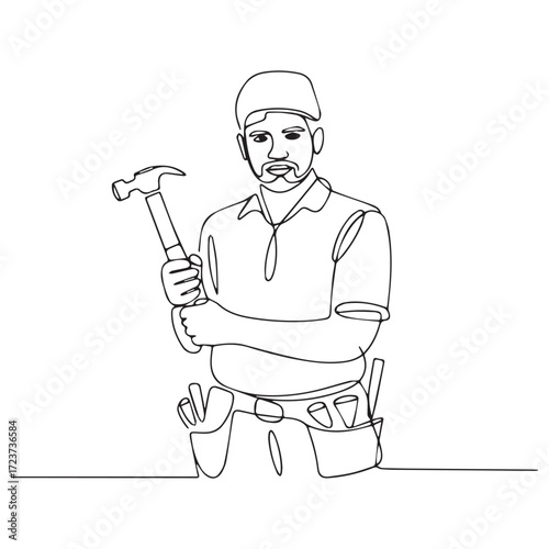Continuous Simple black line art drawing of a worker holding hammer in a minimalist style on a white background.