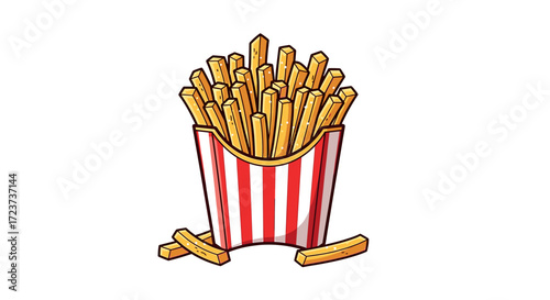 Cartoon French Fries Illustration in Striped Container on White Background