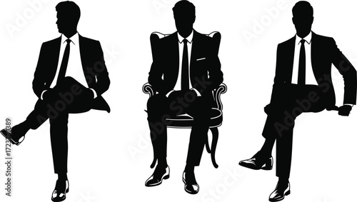 Businessmen sitting silhouette, corporate professionals in chairs, office executives illustration, formal suit men vector, management concept artwork, business meeting pose design