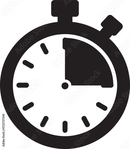 Black stopwatch icon showing approximately fifteen minutes on white background timer clock