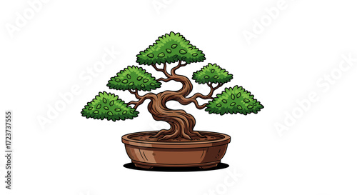 Exquisite Cartoon Bonsai Tree with Intricate Trunk and Lush Foliage