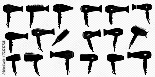 Collection of black silhouette illustrations of various hair dryers arranged on a checkered background.
