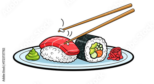 Delicious Sushi Platter Featuring Salmon Nigiri and Maki Roll