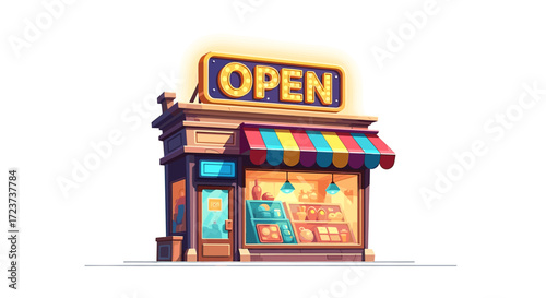 Charming Cartoon Storefront with Bright Open Sign on White Background