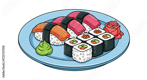 Delicious Assortment of Sushi on a Light Blue Plate