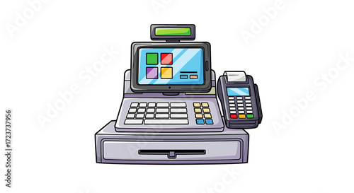 Cash register system with modern payment terminal illustration