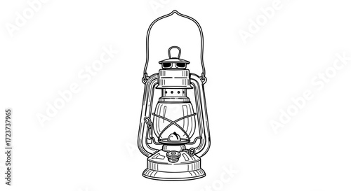 Vintage Kerosene Lantern Detailed Line Art on White Background