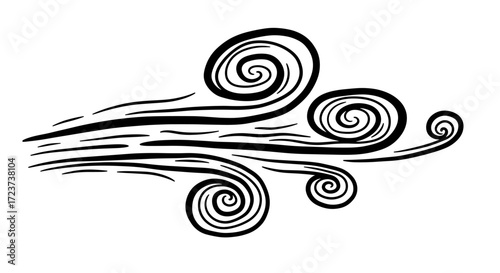 Whimsical Wind: Spiraling gusts in expressive monochrome illustration on white