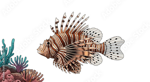 Striking Lionfish Gliding Near Vibrant Coral Reef in Clear Ocean Waters