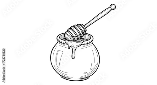 Honey Pot with Dipper Sketch Illustration on White Background