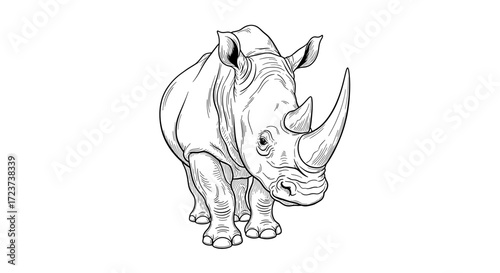 Rhinoceros Black and White Line Art Illustration on White Background