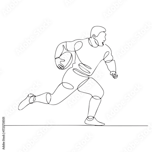 Continuous Simple black line art drawing of a Rugby Player in a minimalist style on a white background.