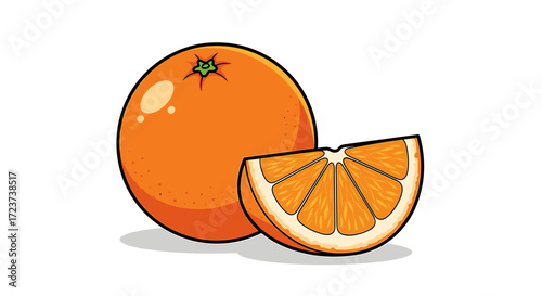 Cartoonish Orange Fruit with Slice on a White Background