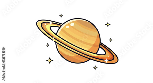 Cartoon planet Saturn floating in space with sparkling stars around.