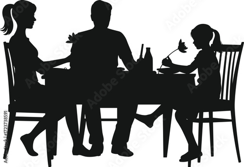 Family dining together silhouette, parents and child eating dinner at table, happy mealtime, home lifestyle, food and drink vector design