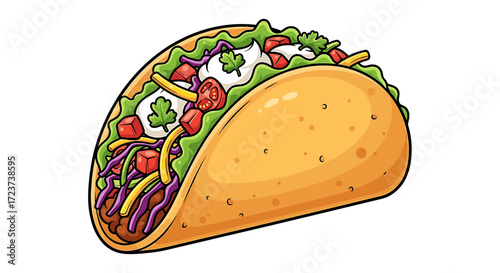 Colorful Cartoon Taco with Meat and Various Toppings on White