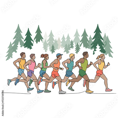 Continuous Simple black line art drawing of a marathon race in a minimalist style on a white background.