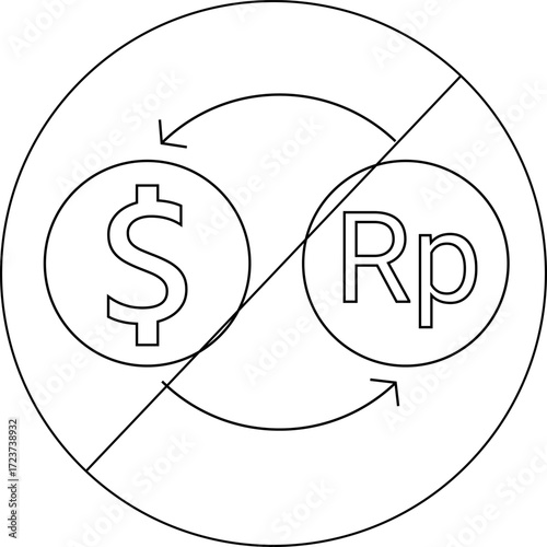 sketch of prohibited icon and icon of converting dollar coins to rupiah coins