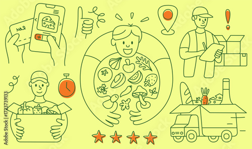 Flat line-art illustration showing customer receiving fresh groceries via online food delivery. Modern doodle outline concept of grocery order, delivery, healthy food, e-commerce, service, logistics