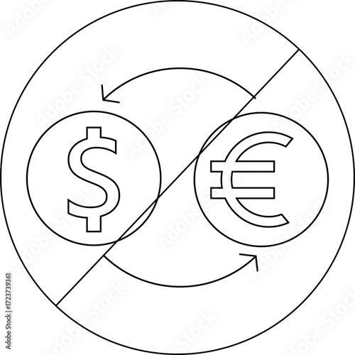 sketch of prohibited icon and icon of converting dollar coins to euro coins