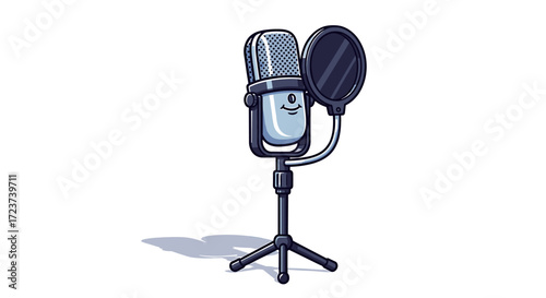 Cute retro cartoon microphone with pop filter on white backdrop