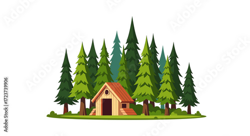 Charming wooden cabin nestled among the tall green pine trees