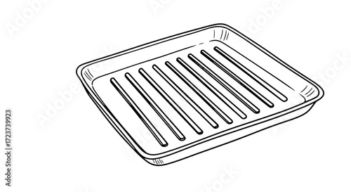 Black and white line art illustration of a barbecue grill pan.