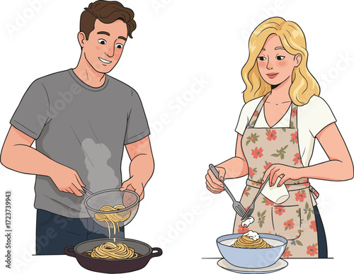 Young man and woman cooking pasta together in kitchen, boiling noodles, preparing sauce, homemade Italian food, couple cooking activity, flat vector illustration