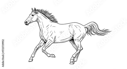 Graceful Horse Galloping Free: A Detailed Black and White Illustration
