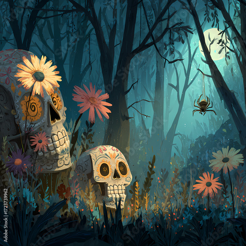 Sugar Skulls in Enchanted Forest at Night