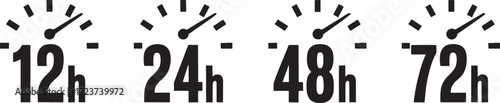 Four black icons showing speedometers with time durations 12h 24h 48h 72h clock gauge