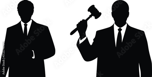 Judge silhouette with gavel, lawyer holding file, legal justice system, court authority, law concept, courtroom decision, legal profession illustration