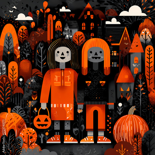 Halloween Trick-or-Treaters in Autumn Village