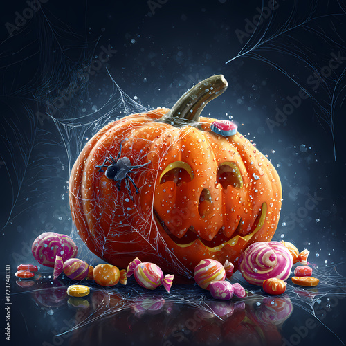 Halloween Jack-o'-Lantern with Candy and Spiderweb