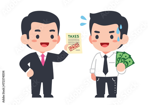 Cartoon Businessmen: Tax Paid vs Paying Taxes.