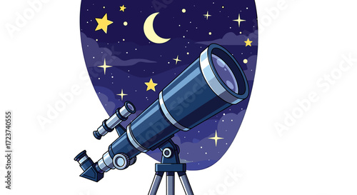 Cartoon Telescope Gazing at the Night Sky with Moon and Stars