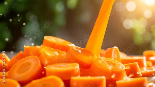 Fresh Carrot Juice Pouring Over Sliced Carrots
