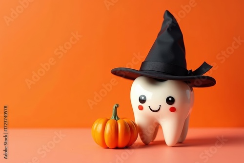 White tooth wearing witch's hat with pupkin on orange background. Halloween concept. AI