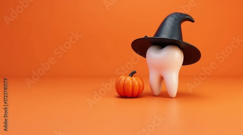 White tooth wearing witch's hat with pupkin on orange background. Halloween concept. AI