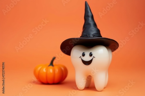 White tooth wearing witch's hat with pupkin on orange background. Halloween concept. AI
