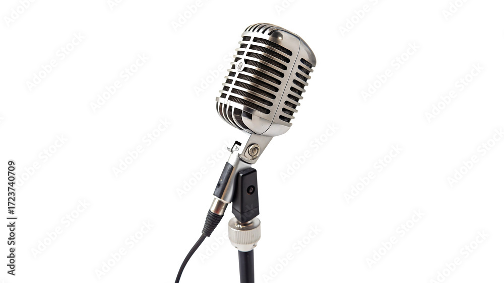 Obraz premium A shiny retro-style Retro microphone stands isolated on transparent background