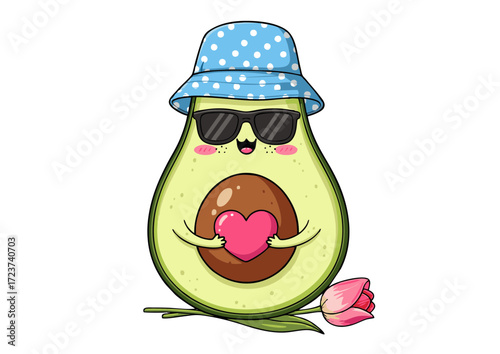 Cute Avocado with Sunglasses and Heart Wearing a Bucket Hat.