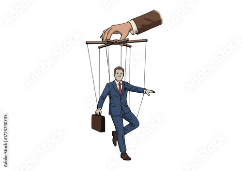 Businessman Puppet in Suit Controlled by Strings Carrying Briefcase.