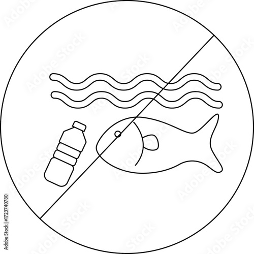 sketch of prohibited icon and trash icon in the sea