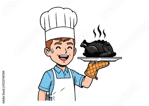 Cartoon Chef with Overcooked Roasted Chicken.