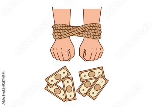Bound Hands with Tightly Wound Rope and Scattered Banknotes.