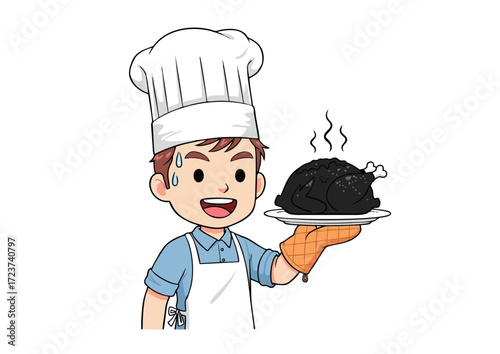 Sweating Cartoon Chef Presenting a Burnt Roasted Chicken.