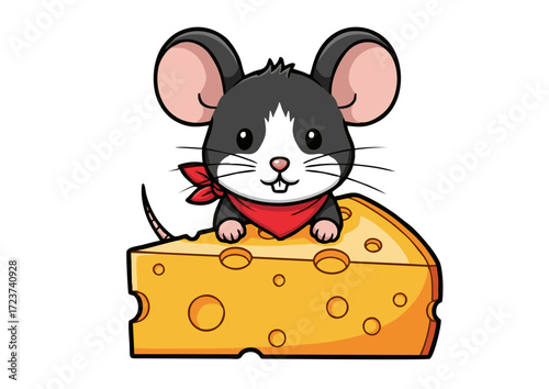 Adorable Cartoon Mouse with Red Bandana Perched on a Large Wedge of Swiss Cheese.