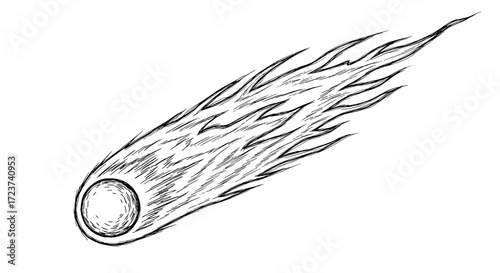 Hand-drawn celestial object illuminating the dark sky, comet.