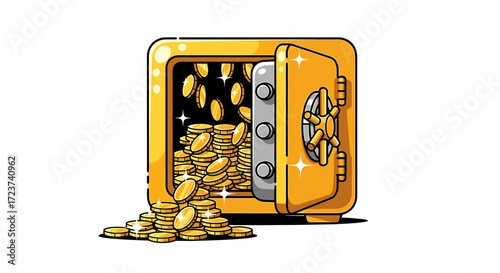 Cartoon Gold Safe Overflowing with Shiny Coins on a White Background
